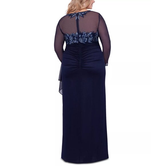 Xscape Long Sleeve Sheer Matte Dress with Blue Embroidered Top  22W - Picture 2 of 2